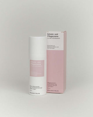 Phametra Schutz und Pflege Pflegecreme für den äußeren Intimbereich, in weißer Pumpflasche mit rosa Verpackung, entwickelt von Wissenschaftlern und Dermatologen für eine sanfte Pflege der Intimregion