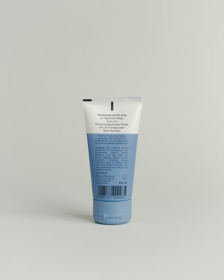 Rückseite der blau,weißen Tube der Phametra Cosmetics Handcreme
