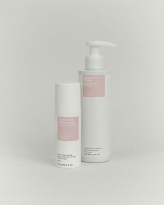 Phametra Schutz- und Pflegecreme und Pflege Waschlotion für den Intimbereich, beide in weißen Flaschen mit rosa Etiketten, entwickelt von Wissenschaftlern und Dermatologen für empfindliche Haut und tägliche Intimpflege