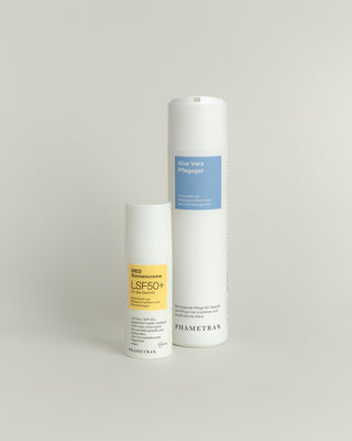 Vorderseite des Aloe Vera Pflegegels und der MED Sonnencreme LSF50+ von  Phametra Cosmeitcs