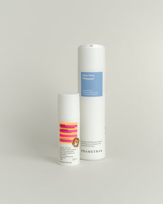 Vorderseite des Aloe Vera Pflegegels und der MED Sonnencreme LSF50+ KIDS von  Phametra Cosmeitcs