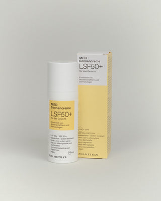 Phametra MED Sonnencreme LSF 50+ für das Gesicht in weißer Flasche mit gelber Verpackung, entwickelt von Wissenschaftlern und Dermatologen, wasserfest, vegan, ohne Mikroplastik und Duftstoffe