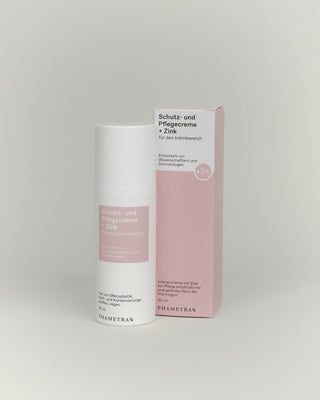 Phametra Schutz- und Pflegecreme mit Zink für den Intimbereich in weißer Flasche mit rosa Verpackung, entwickelt von Wissenschaftlern und Dermatologen für empfindliche und gereizte Haut, 50 ml